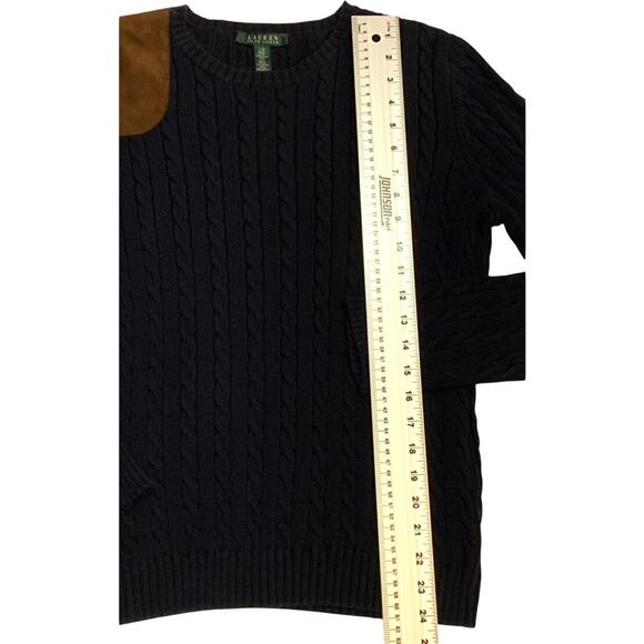 Lauren Ralph Lauren Womens Sweater Large Navy Cable Knit Brown Suede-Like Patch - Picture 5 of 11